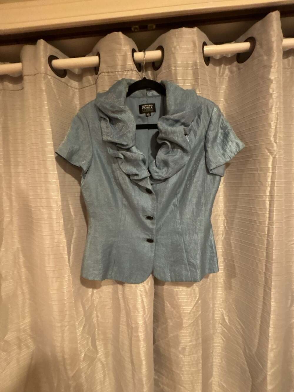 Adrianna Papell Evening Essentials Shimmer Ruffle Neck Short Sleeve Blouse Size